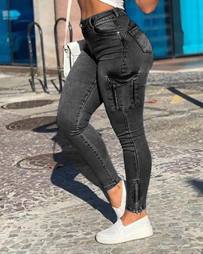 Women's Denim Pants 2025 Summer New Fashion Solid Color Buttoned Pocket Zipper Design High Waist Casual Daily Skinny Jeans